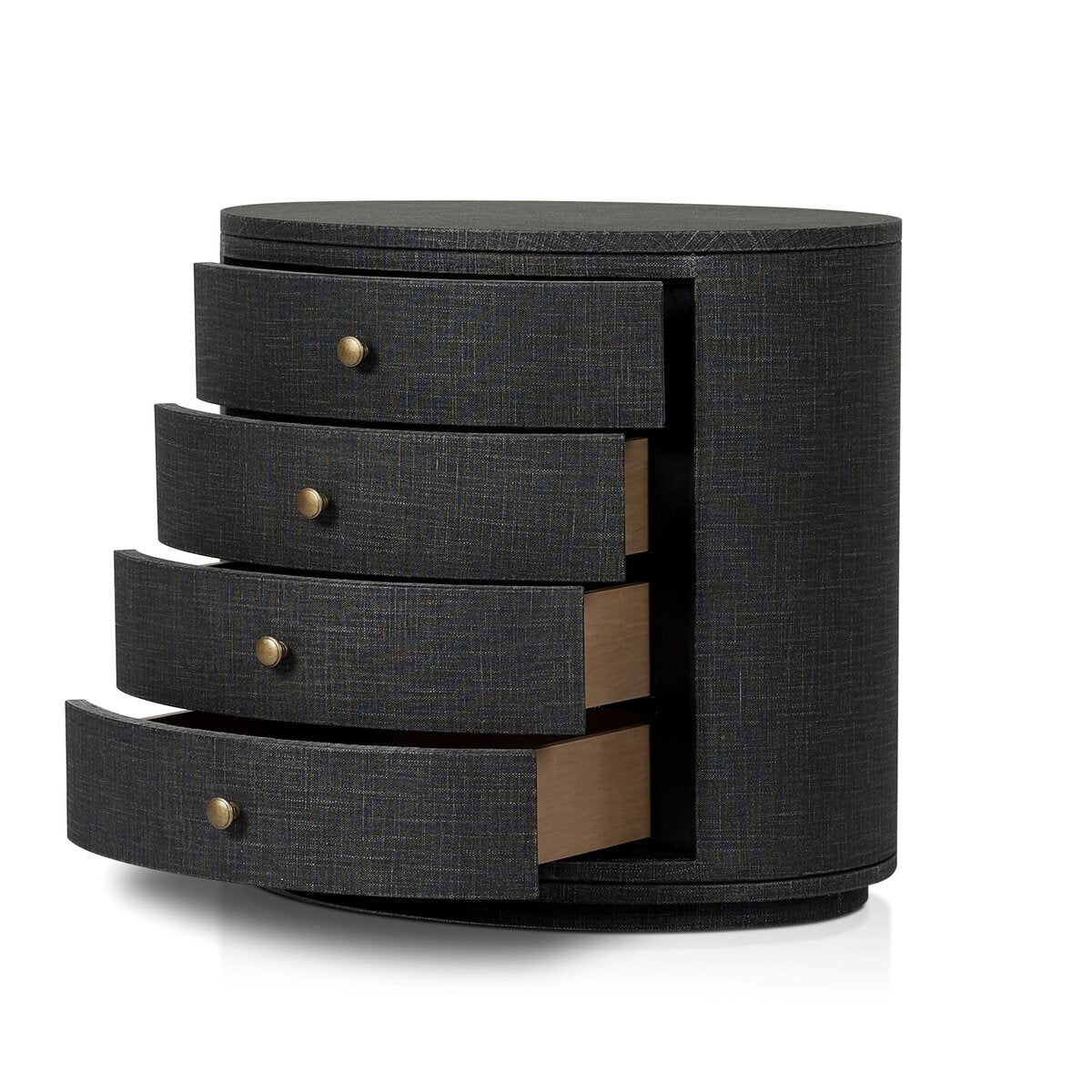 Four Hands Amelia Oval Nightstand in Black Linen on a white background at Addison West