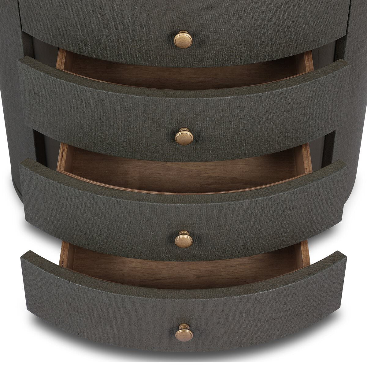 Close up of Four Hands Amelia Oval Nightstand in Dark Green Lacquered Linen on a white background at Addison West