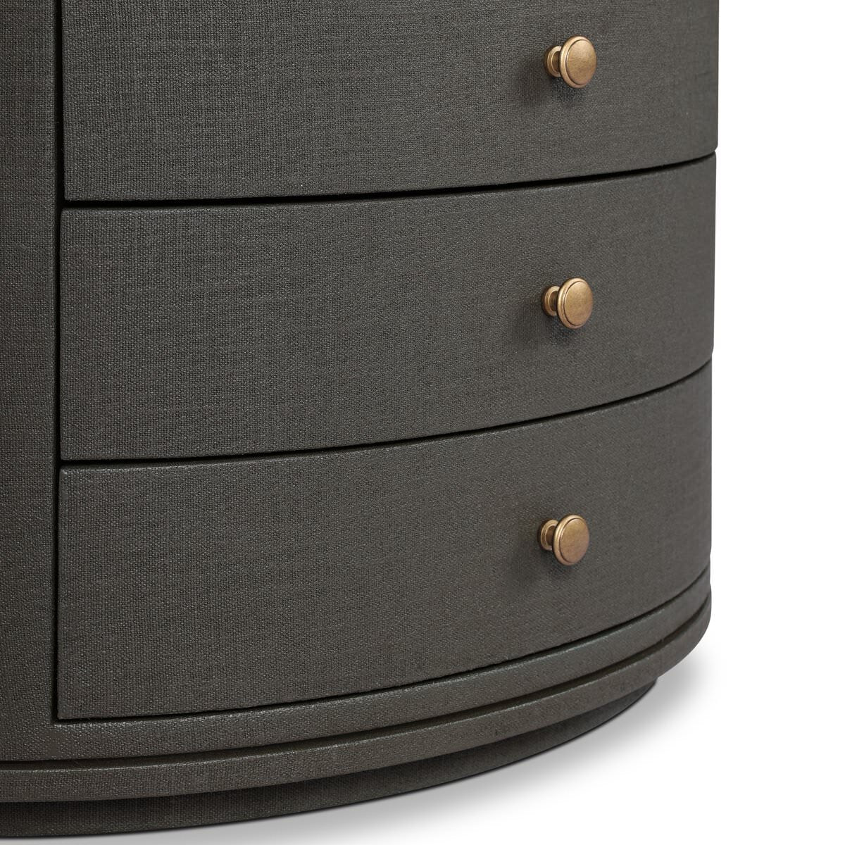 Close up of Four Hands Amelia Oval Nightstand in Dark Green Lacquered Linen on a white background at Addison West