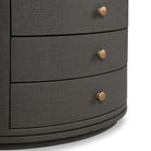 Close up of Four Hands Amelia Oval Nightstand in Dark Green Lacquered Linen on a white background at Addison West