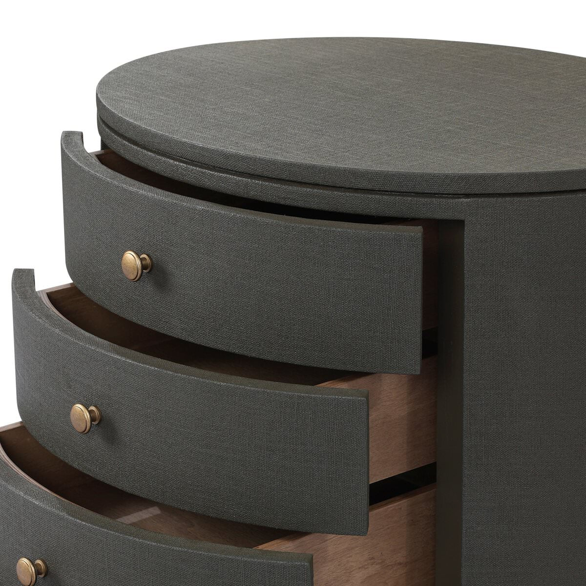 Close up of Four Hands Amelia Oval Nightstand in Dark Green Lacquered Linen on a white background at Addison West