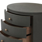 Close up of Four Hands Amelia Oval Nightstand in Dark Green Lacquered Linen on a white background at Addison West