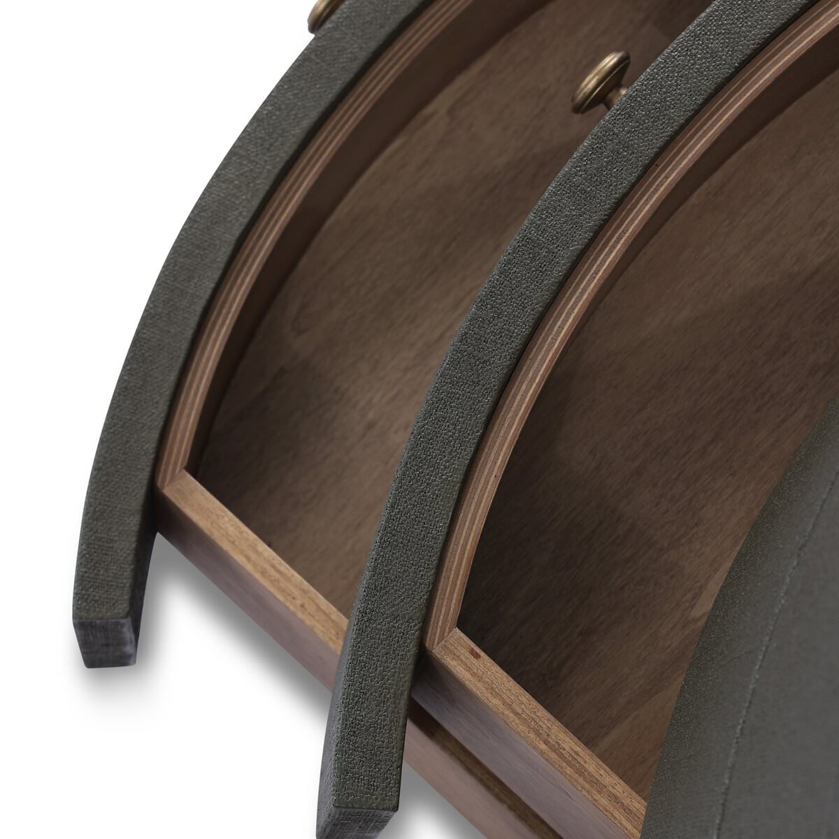 Close up of Four Hands Amelia Oval Nightstand in Dark Green Lacquered Linen on a white background at Addison West