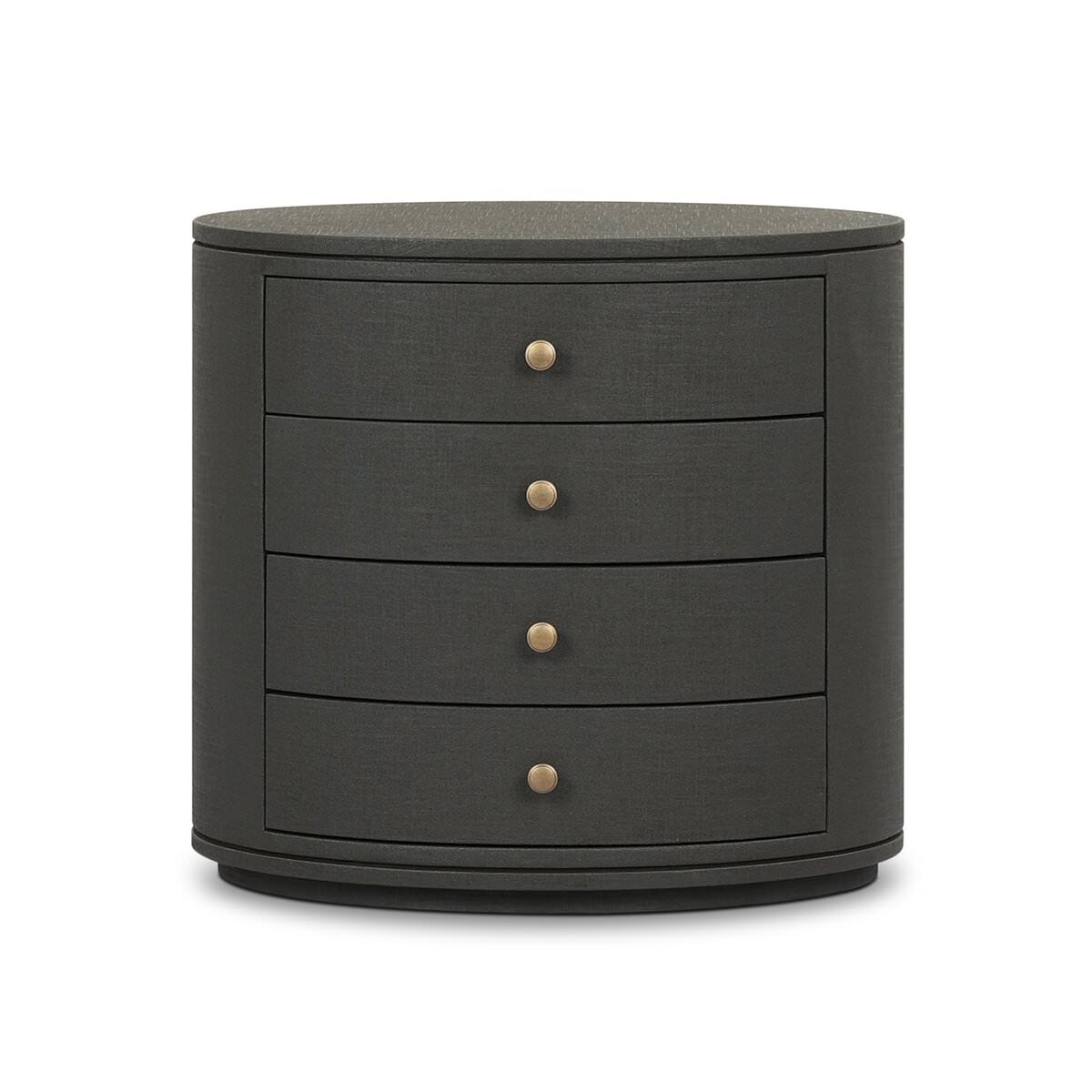 Four Hands Amelia Oval Nightstand in Dark Green Lacquered Linen on a white background at Addison West