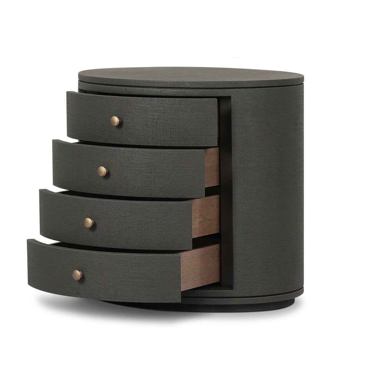 Four Hands Amelia Oval Nightstand in Dark Green Lacquered Linen on a white background at Addison West