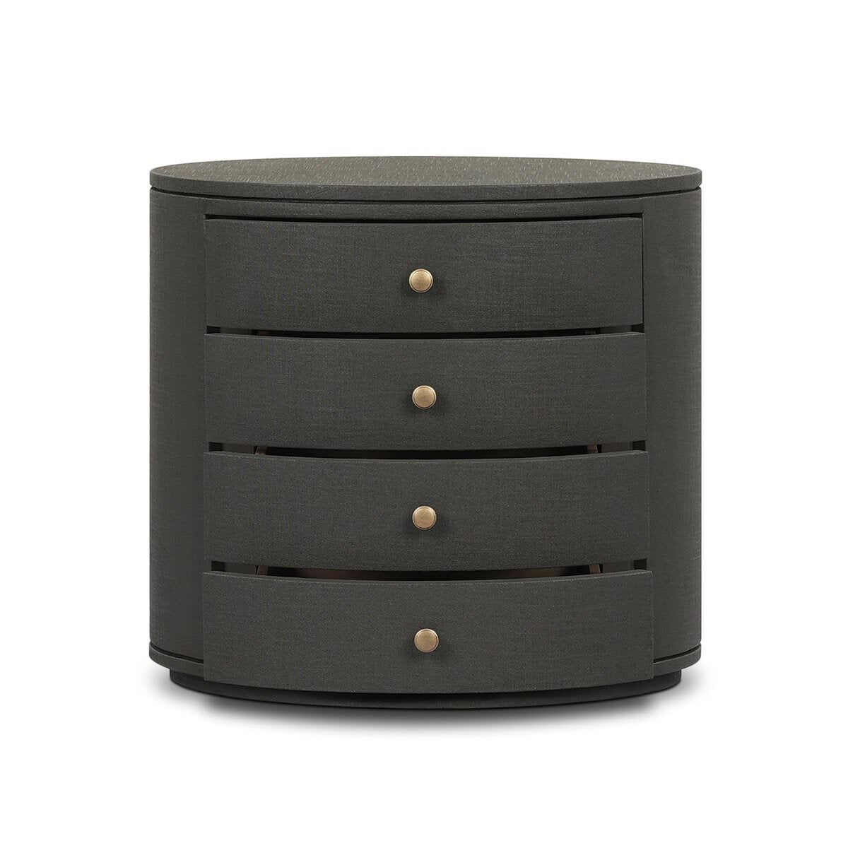 Four Hands Amelia Oval Nightstand in Dark Green Lacquered Linen on a white background at Addison West