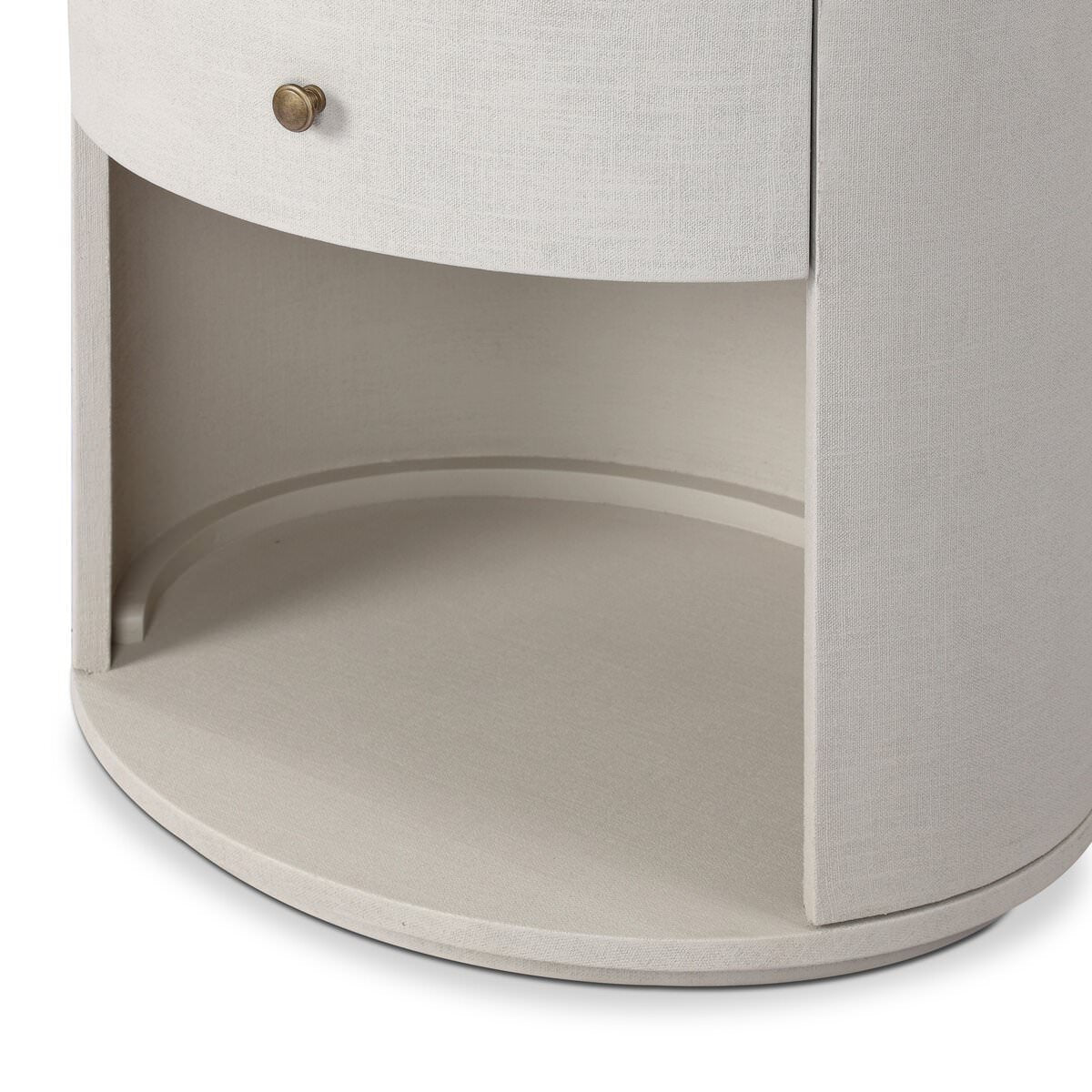 Close up of Four Hands Amelia Oval One Drawer Nightstand in Ivory Painted Linen on a white background at Addison West