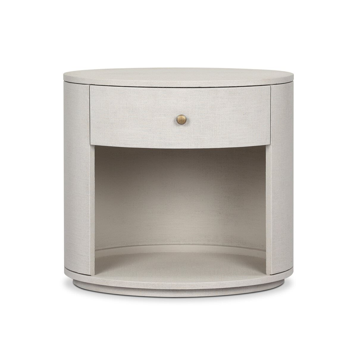 Four Hands Amelia Oval One Drawer Nightstand in Ivory Painted Linen on a white background at Addison West