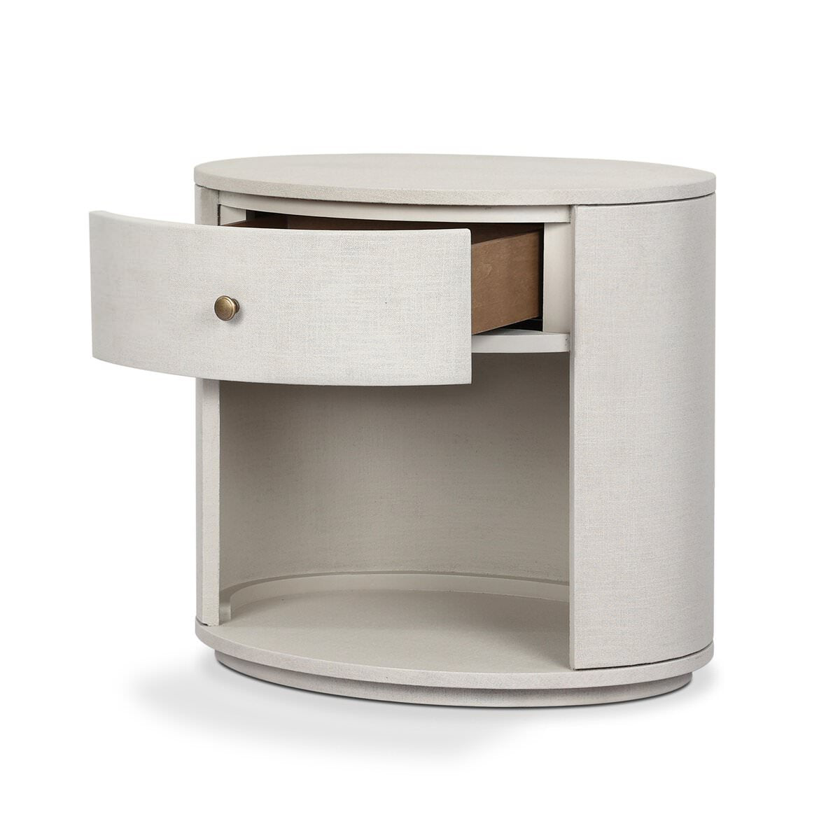 Four Hands Amelia Oval One Drawer Nightstand in Ivory Painted Linen on a white background at Addison West