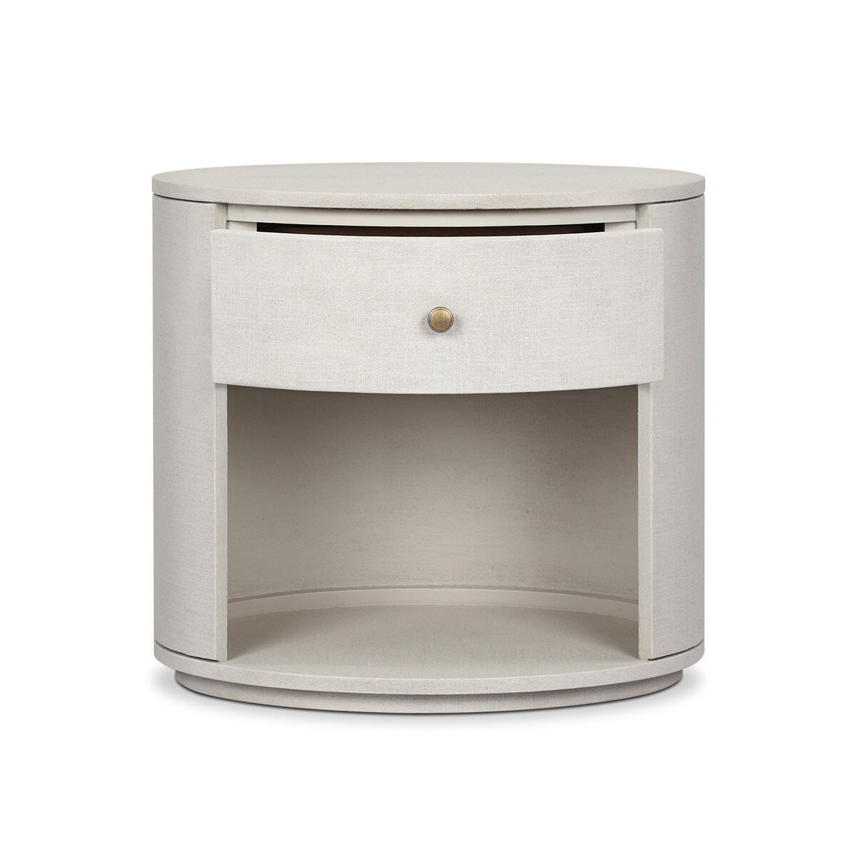 Four Hands Amelia Oval One Drawer Nightstand in Ivory Painted Linen on a white background at Addison West