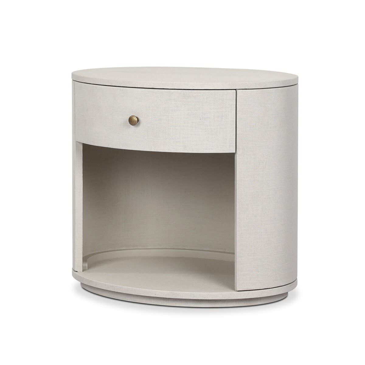 Four Hands Amelia Oval One Drawer Nightstand in Ivory Painted Linen on a white background at Addison West