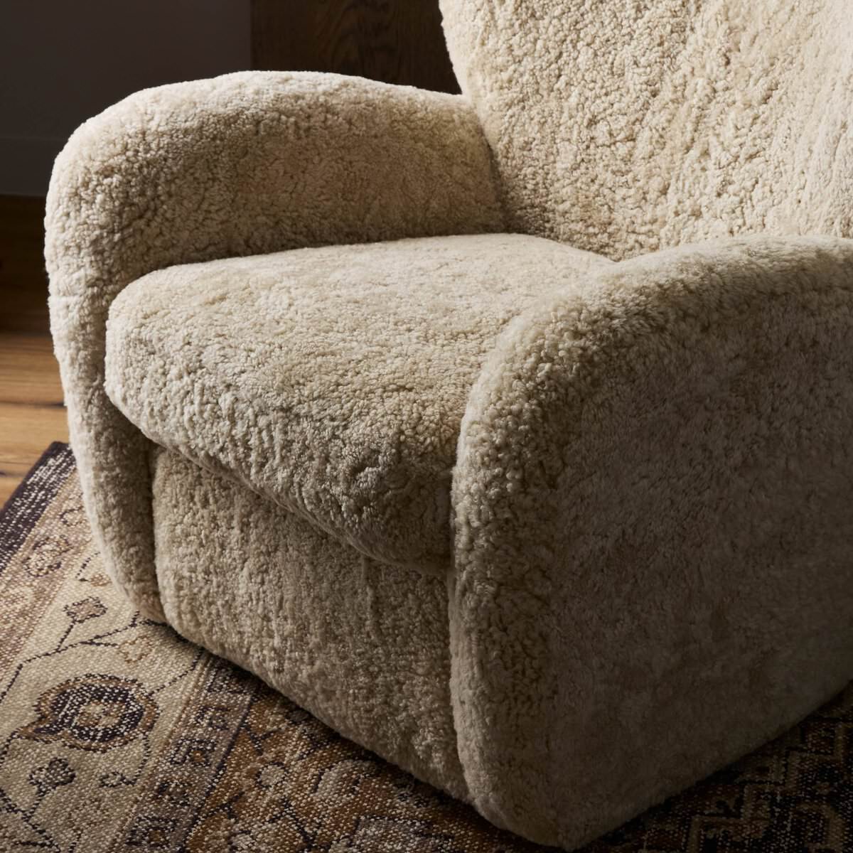 Close up of Four Hands Amelie Chair in Beige Shearling on a white background at Addison West