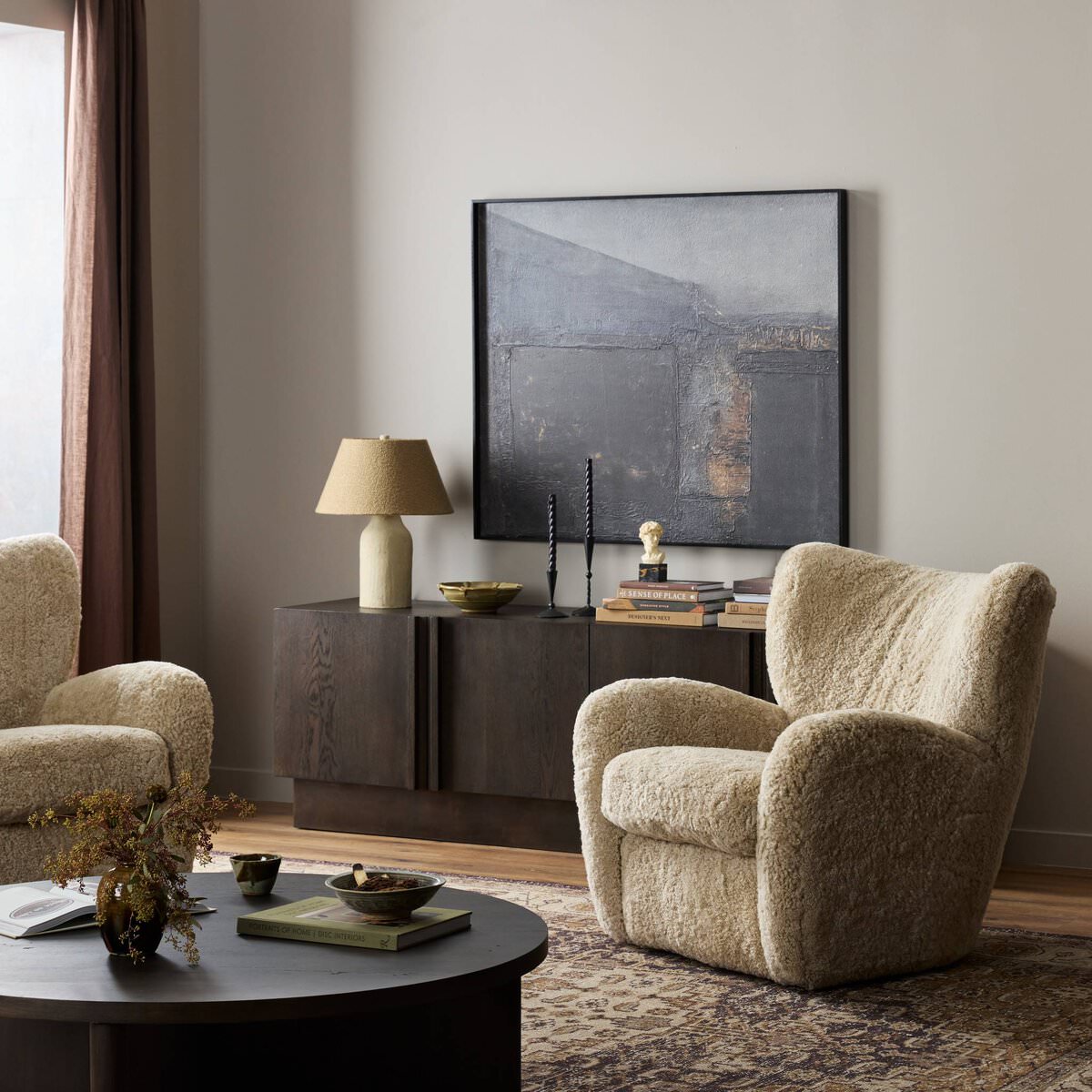Four Hands Amelie Chair in Beige Shearling in a neutral living room at Addison West