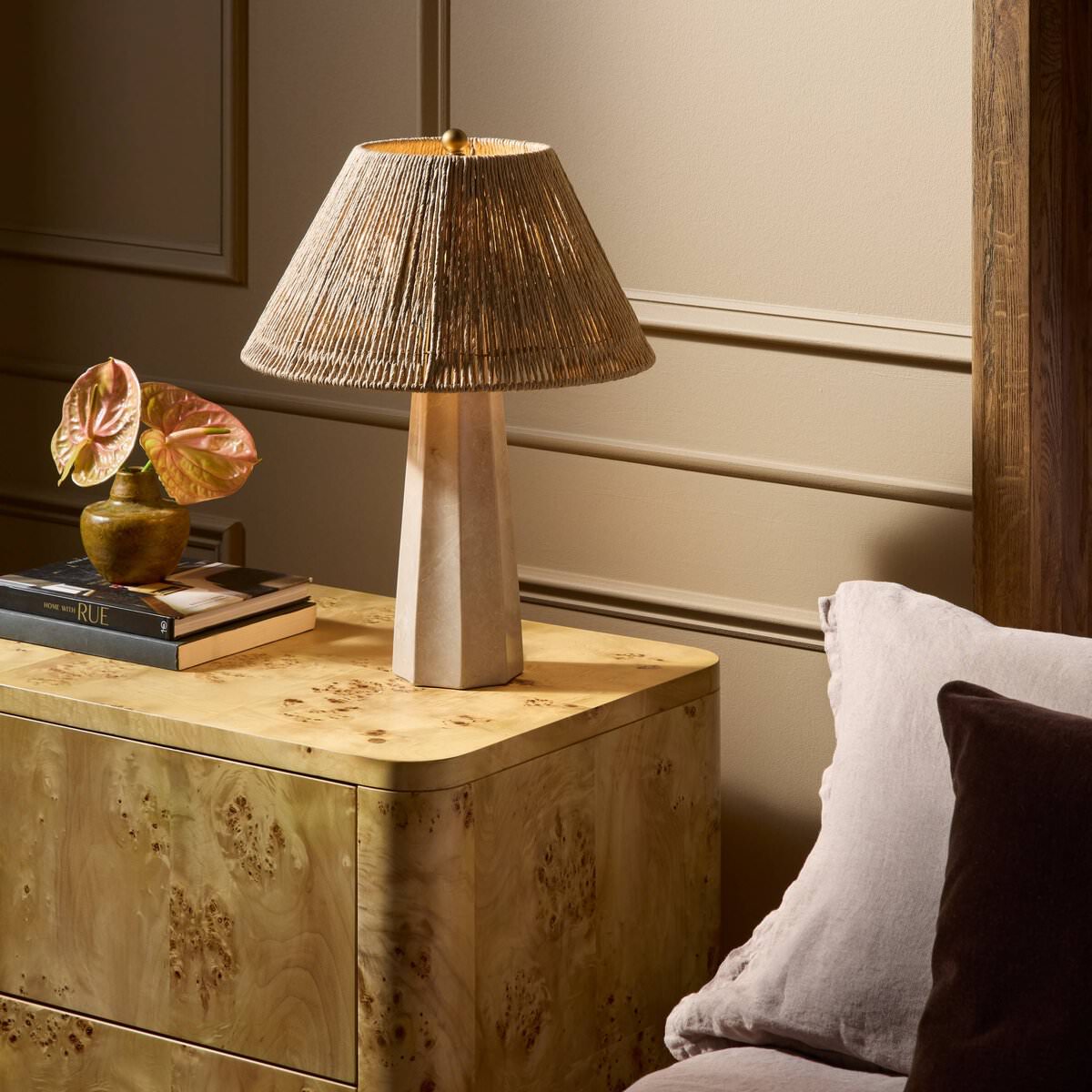Four Hands Astra Table Lamp in Cream Italian Marble on a bedside table at Addison West