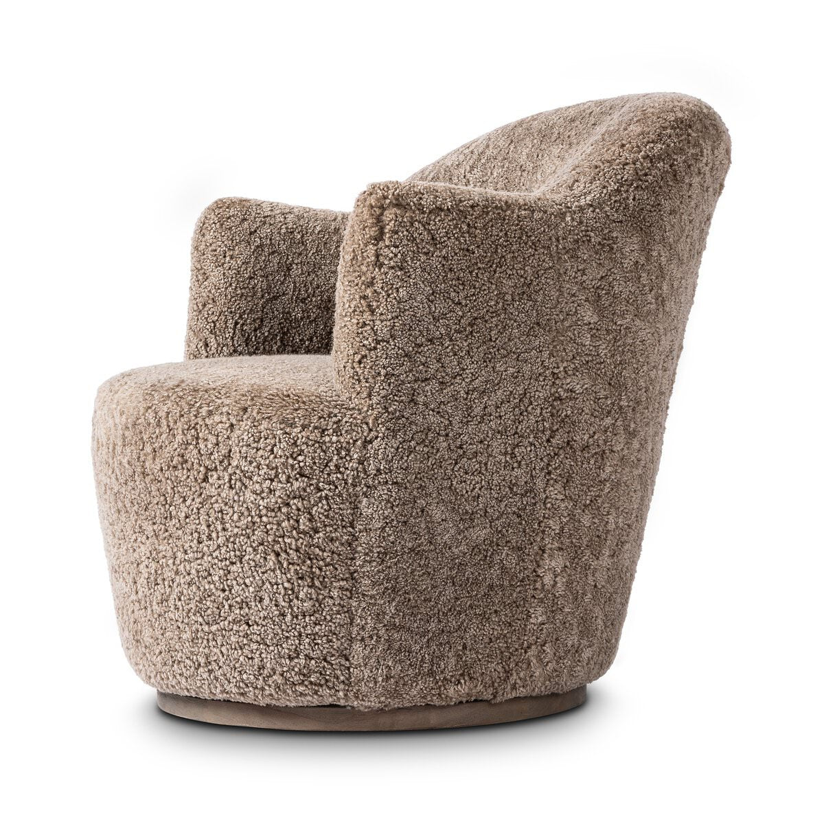 Four Hands Aurora Swivel Chair in Taupe Shearling on a white background at Addison West