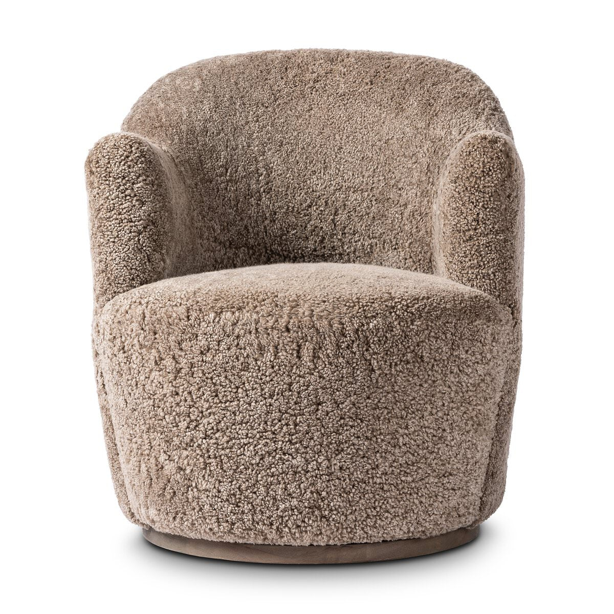 Four Hands Aurora Swivel Chair in Taupe Shearling on a white background at Addison West