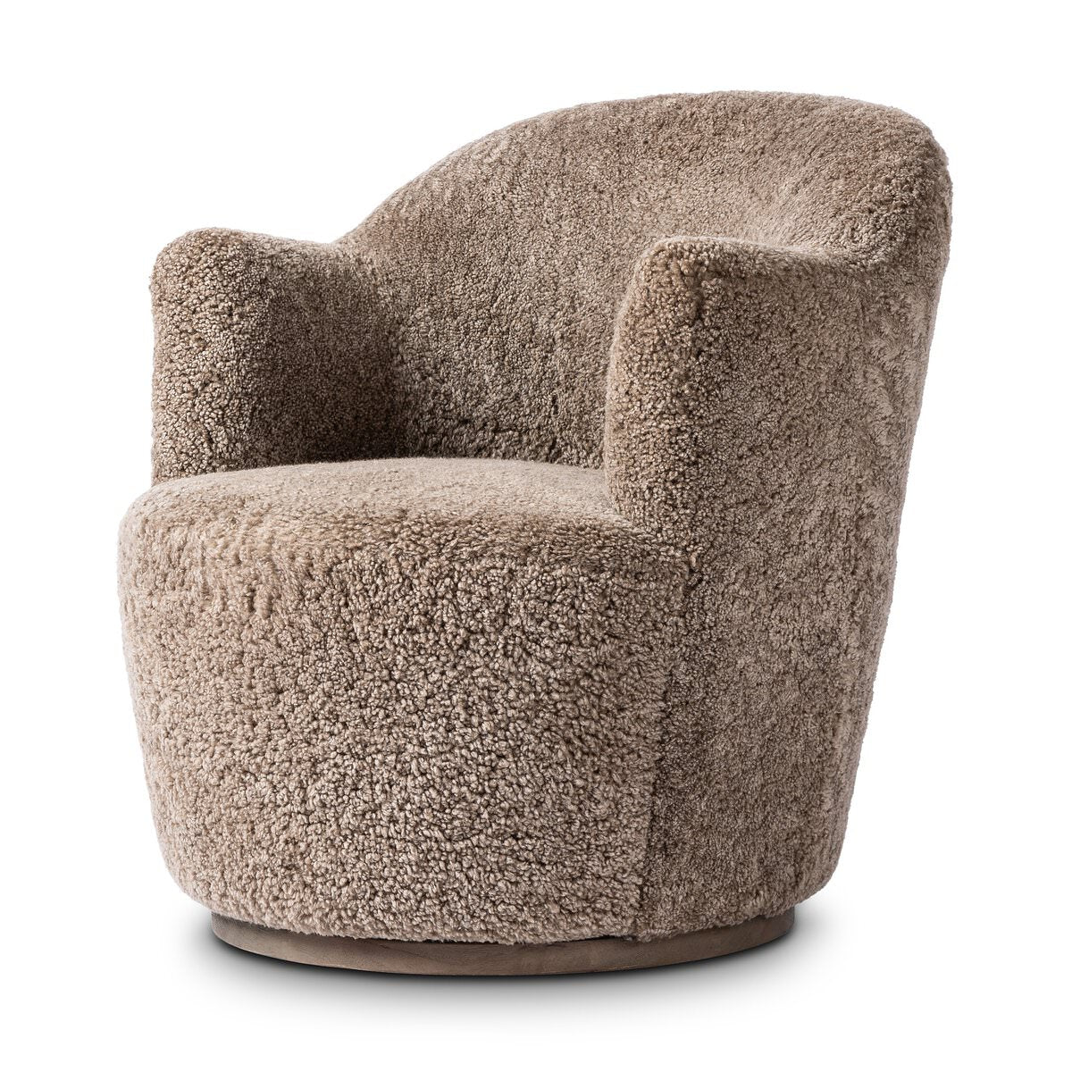 Four Hands Aurora Swivel Chair in Taupe Shearling on a white background at Addison West