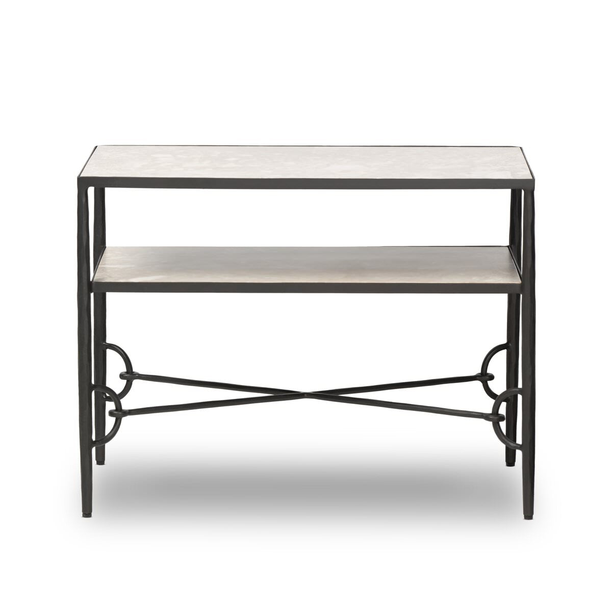 Four Hands Babylon Nightstand in Hammered Gunmetal on a white background at Addison West