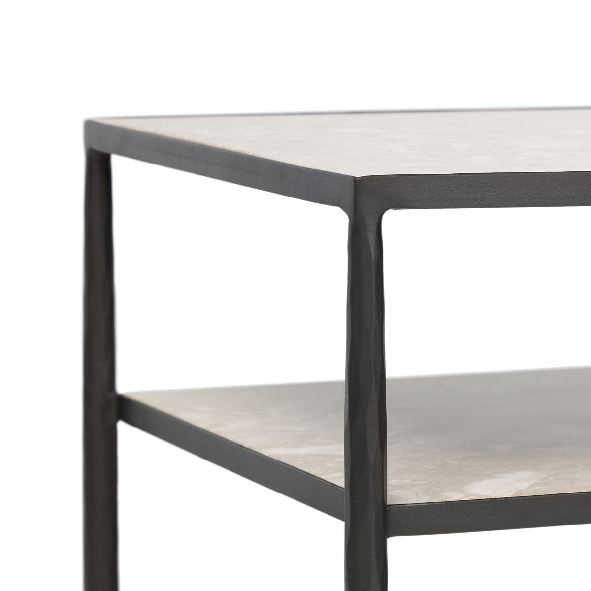 Close up of Four Hands Babylon Nightstand in Hammered Gunmetal on a white background at Addison West