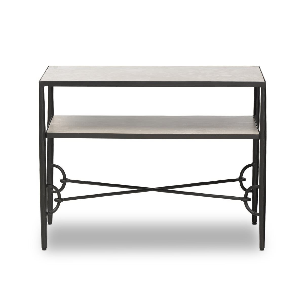 Four Hands Babylon Nightstand in Hammered Gunmetal on a white background at Addison West