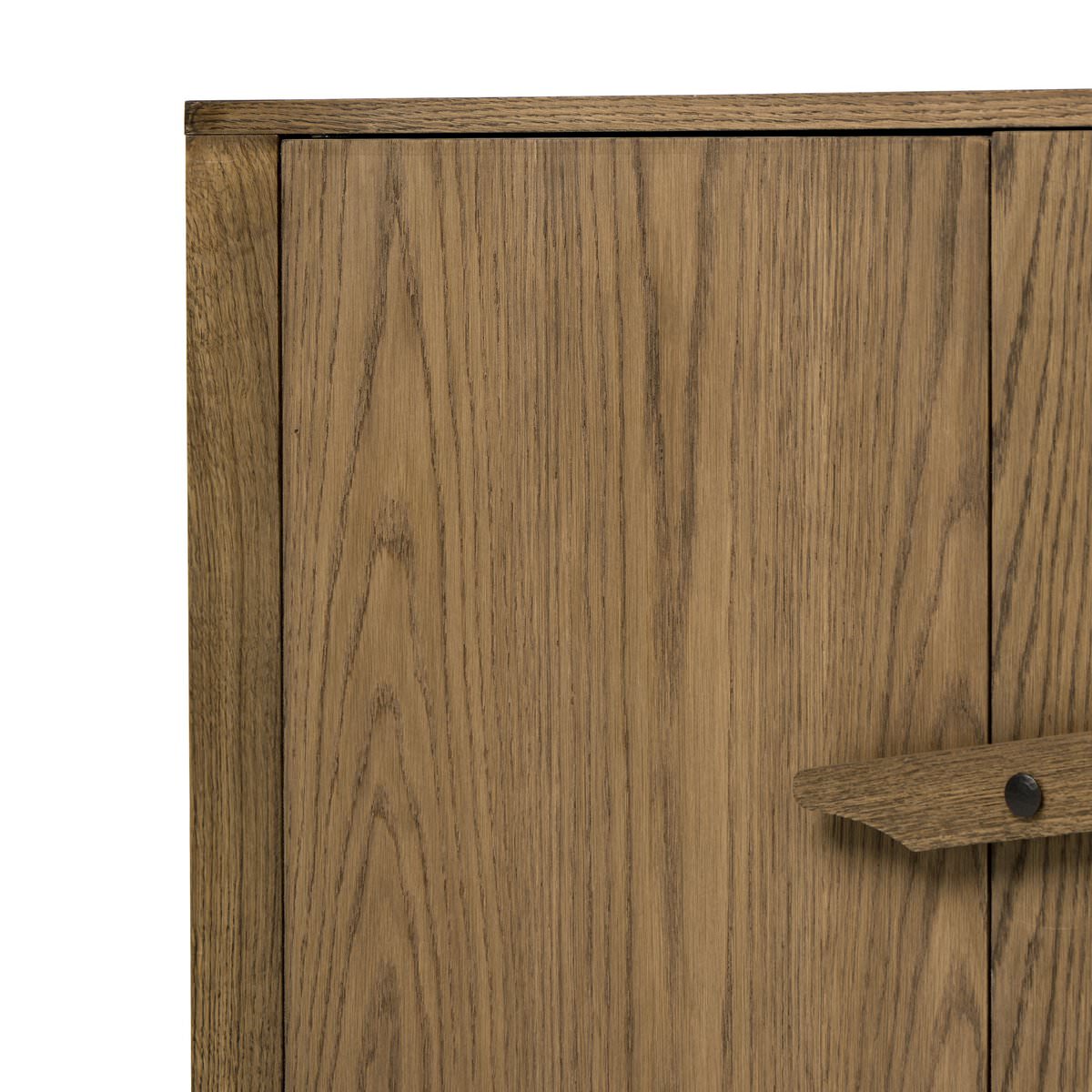 Close up of Four Hands Bedford Media Console in Warm Natural Oak Veneer on a white background at Addison West