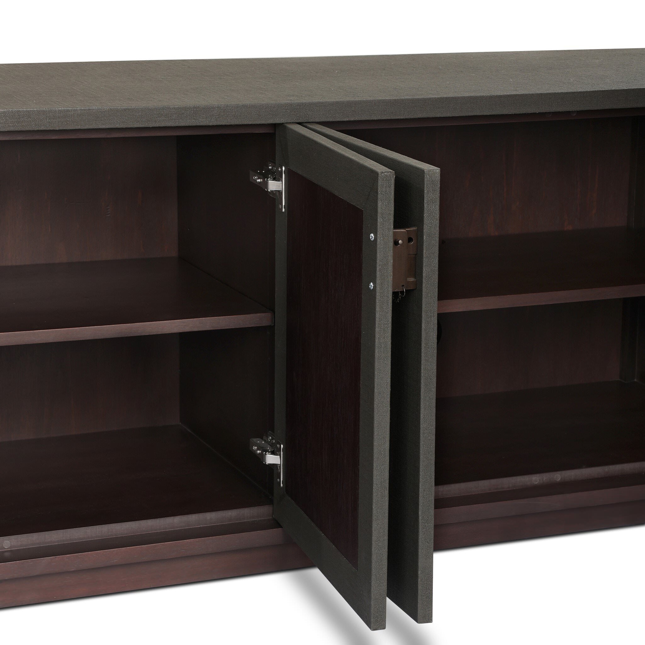 Four Hands Berlin Media Console in Dark Green Lacquered Linen on white background at Addison West.