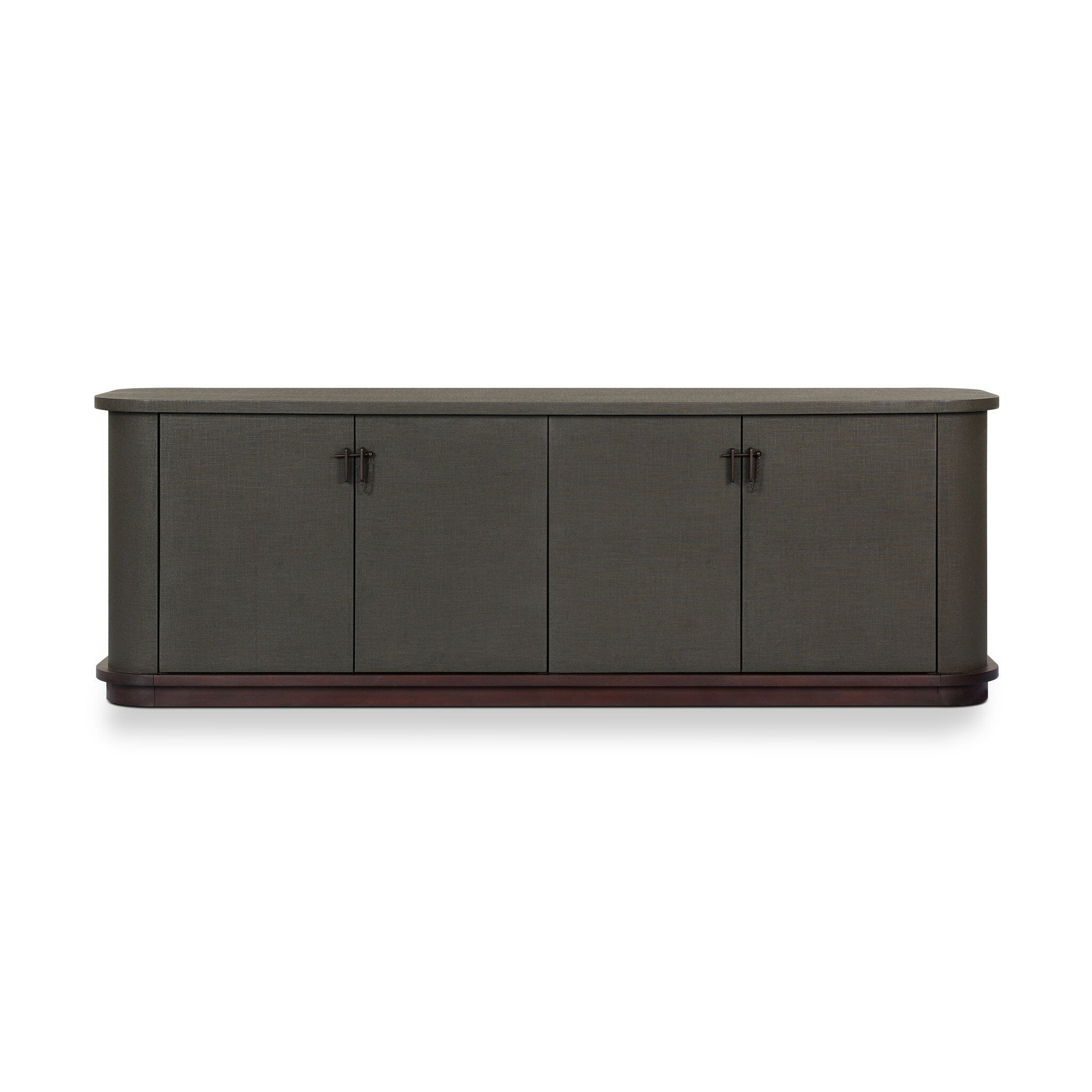 Four Hands Berlin Media Console in Dark Green Lacquered Linen on white background at Addison West.