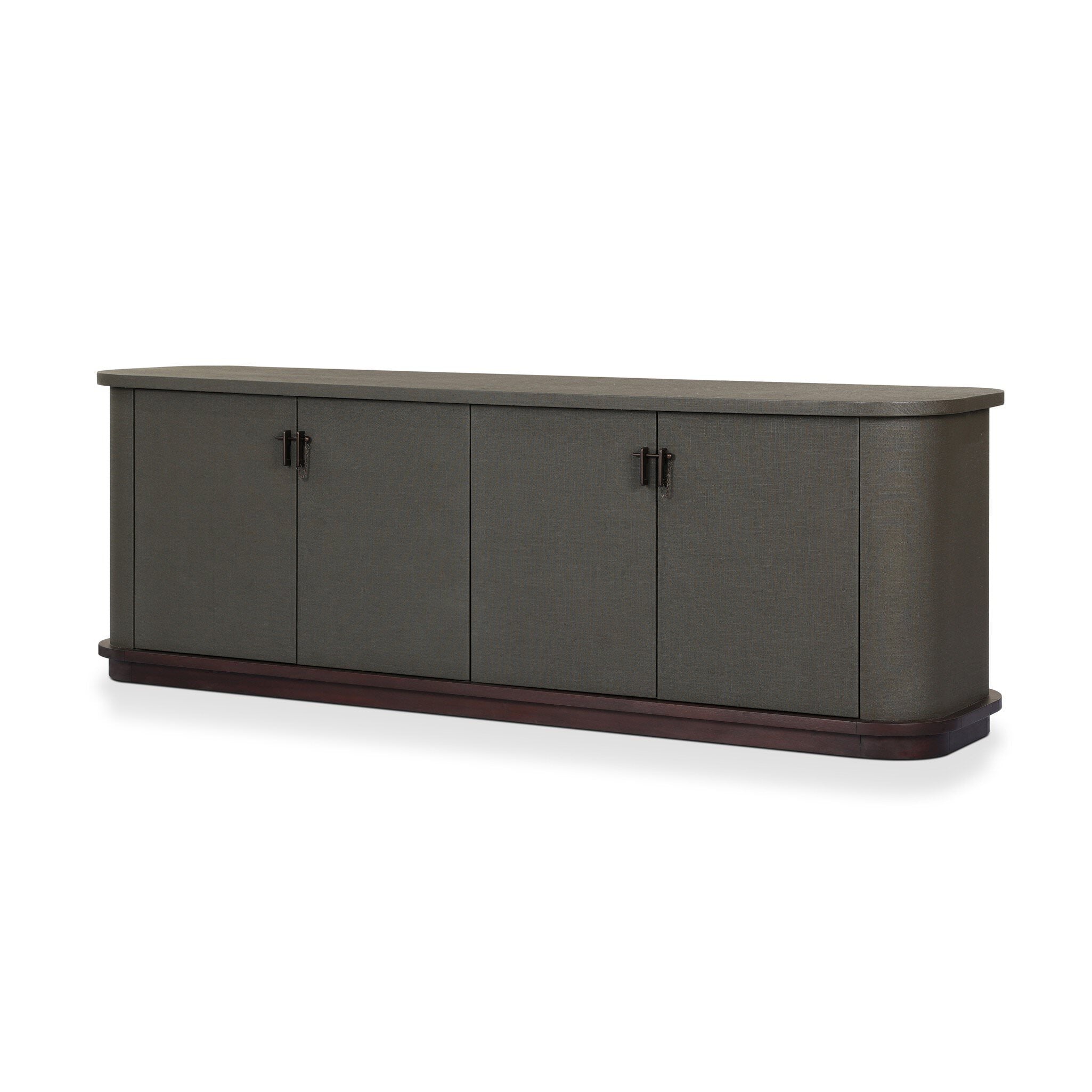 Four Hands Berlin Media Console in Dark Green Lacquered Linen on white background at Addison West.