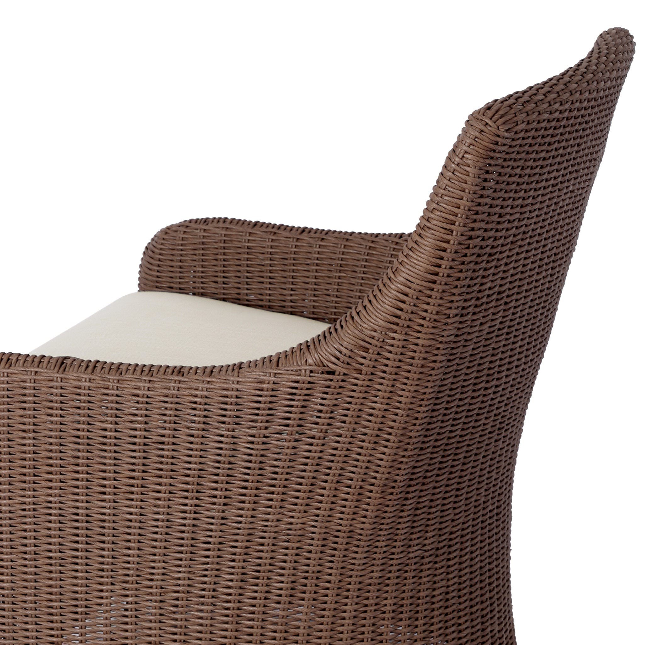 Close up of Four Hands Blaire Outdoor Swivel Chair in Tanned Weave on a white background at Addison West