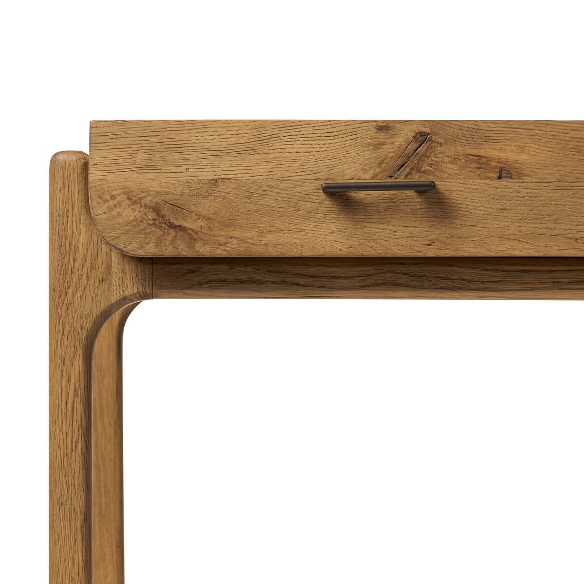 Close up of Four Hands Bloomfield Desk in Resawn Worn Oak on a white background at Addison West