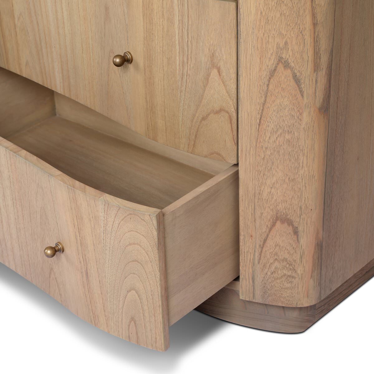 Close up of Four Hands Boa 6 Drawer Dresser in Sandy Mindi Veneer on a white background at Addison West