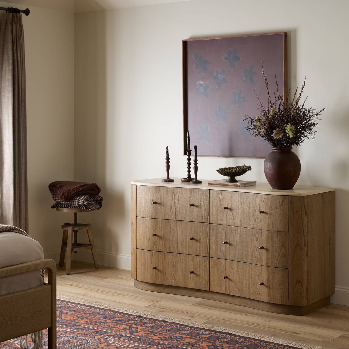 Four Hands Boa 6 Drawer Dresser in Sandy Mindi Veneer in a beige bedroom at Addison West