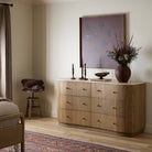 Four Hands Boa 6 Drawer Dresser in Sandy Mindi Veneer in a beige bedroom at Addison West