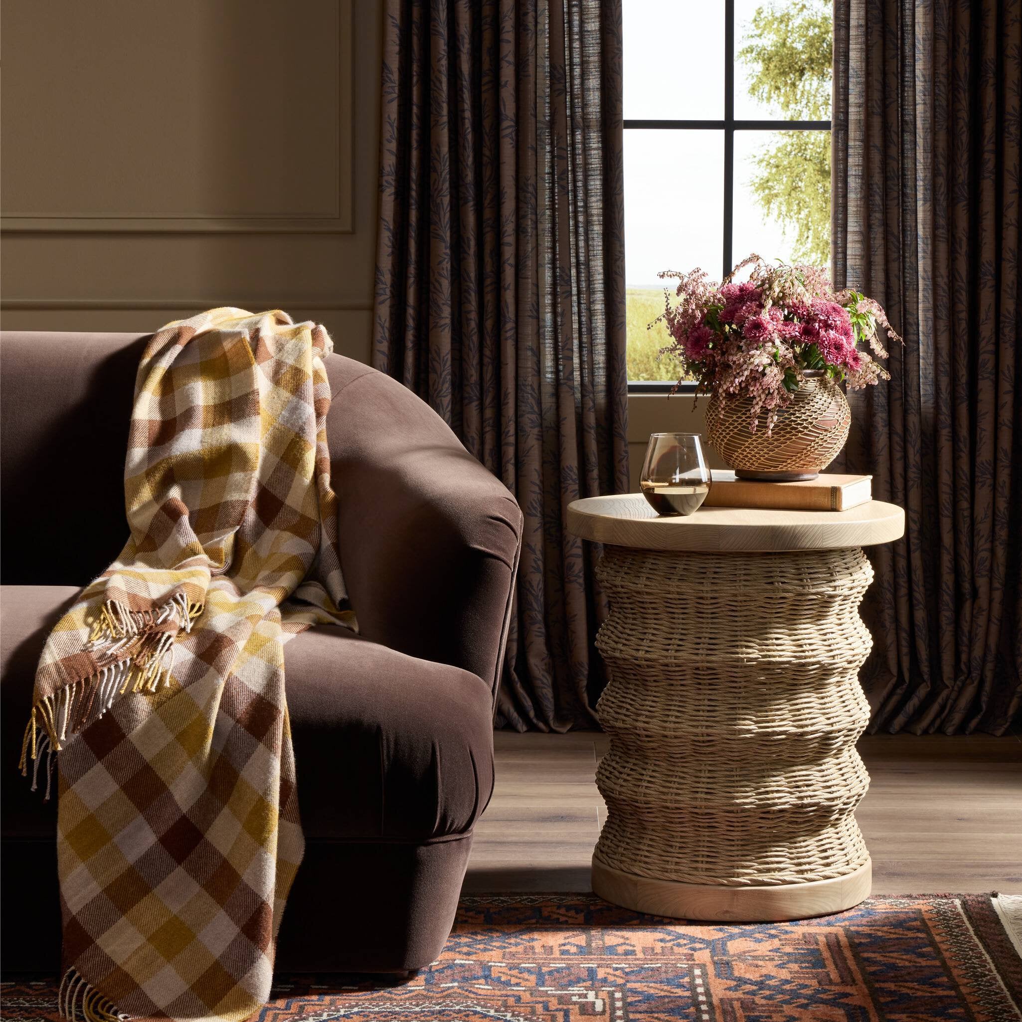 Four Hands Brailey End Table in Smoked Natural Sungkai in living room at Addison West.
