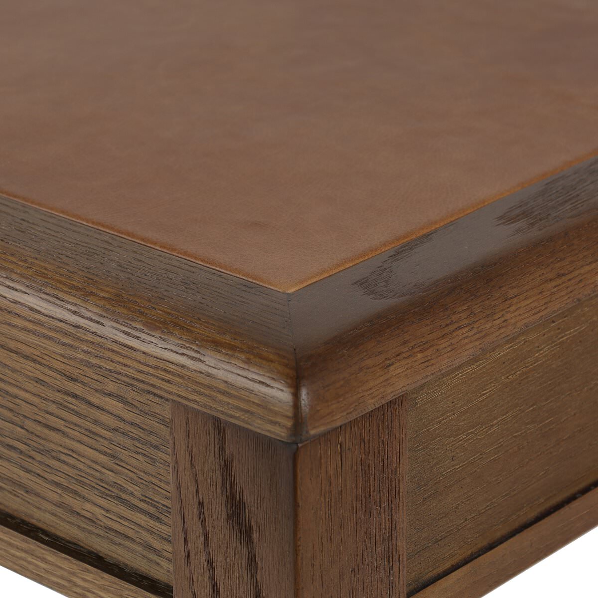 Close up of Four Hands Claude Desk in Tan Oak Veneer on a white background at Addison West