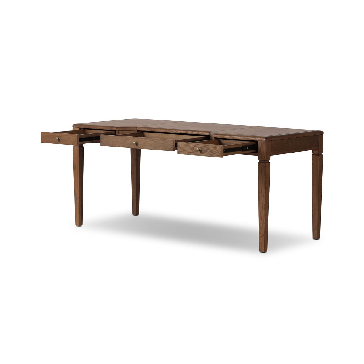 Four Hands Claude Desk in Tan Oak Veneer on a white background at Addison West