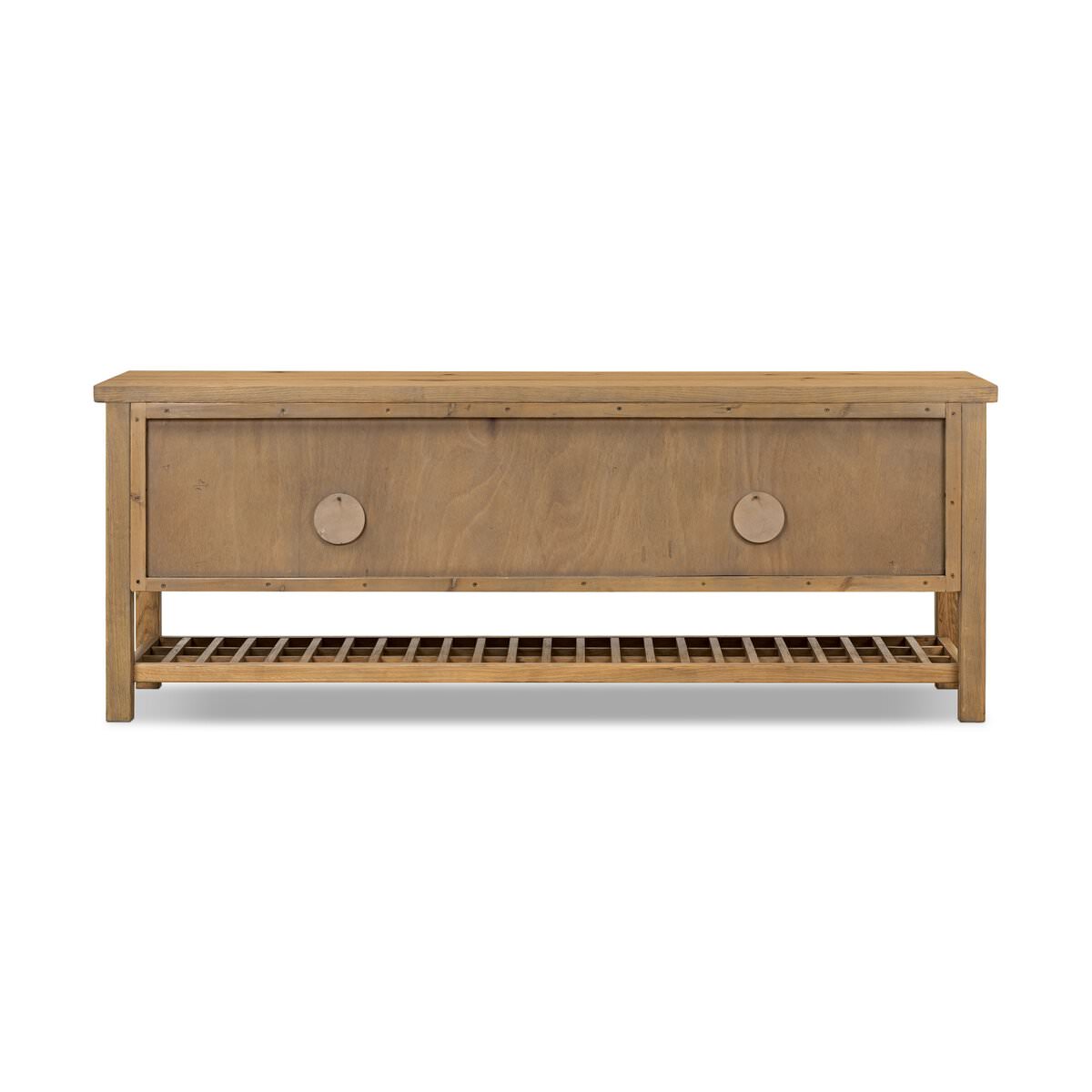 Back of Four Hands Dalton Media Console in Aged Natural Oak Veneer on a white background at Addison West