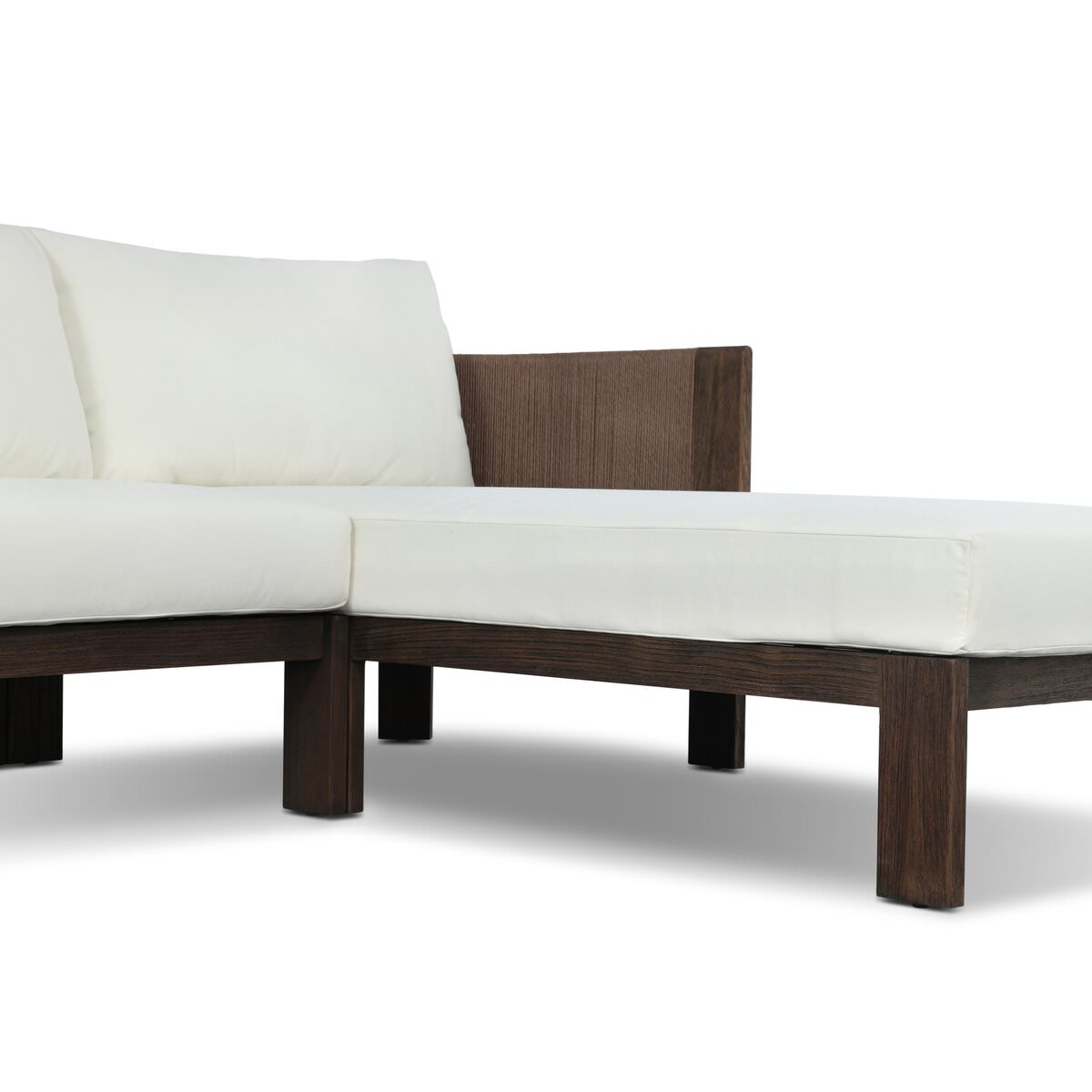 Close up of Four Hands Delancy Outdoor 2-Piece Sectional with Right Chaise in Arashi Salt on a white background at Addison West