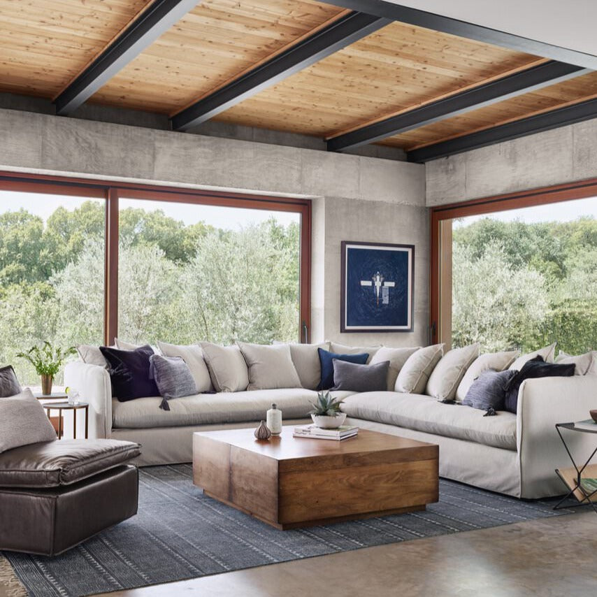 Four Hands Duncan Storage Coffee Table in Reclaimed Fruitwood in a modern living room