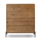 Four Hands Eaton 5 Drawer Dresser in Amber Oak Resin on a white background at Addison West