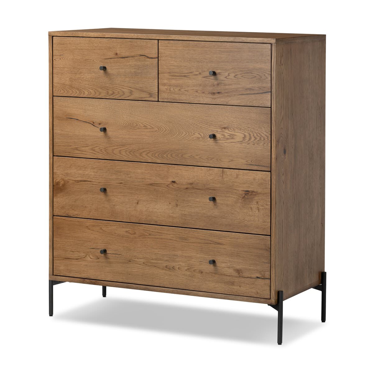 Four Hands Eaton 5 Drawer Dresser in Amber Oak Resin on a white background at Addison West
