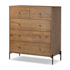 Four Hands Eaton 5 Drawer Dresser in Amber Oak Resin on a white background at Addison West