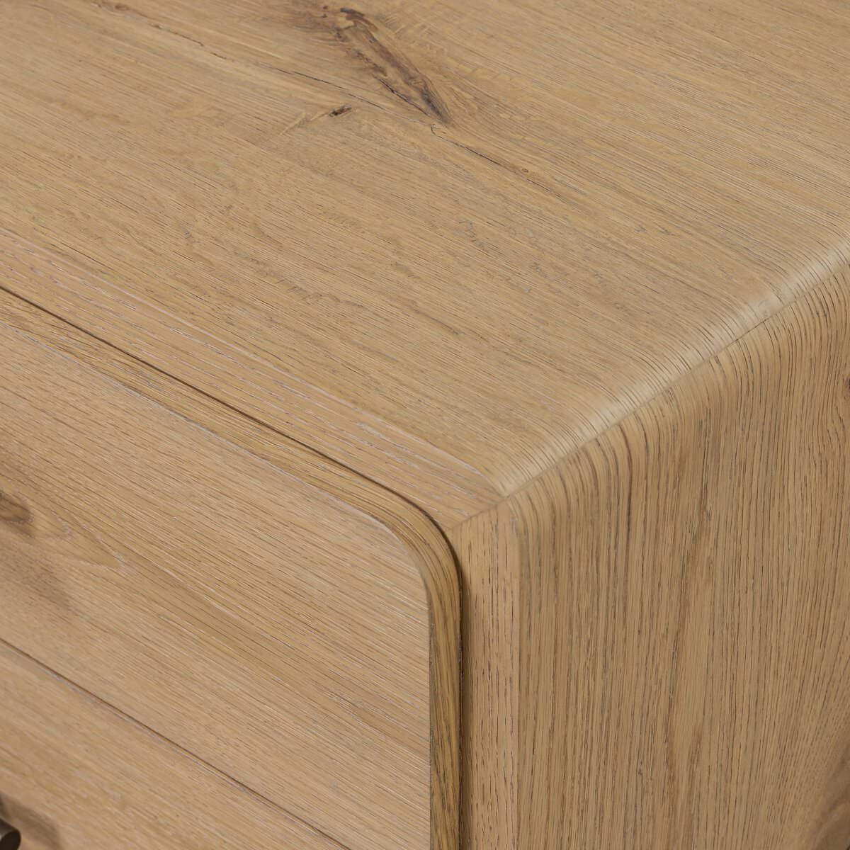 Close up of Four Hands Eden Nightstand in Aged Smoked Oak Veneer on a white background at Addison West