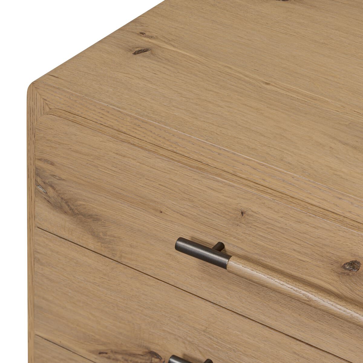 Close up of Four Hands Eden Nightstand in Aged Smoked Oak Veneer on a white background at Addison West