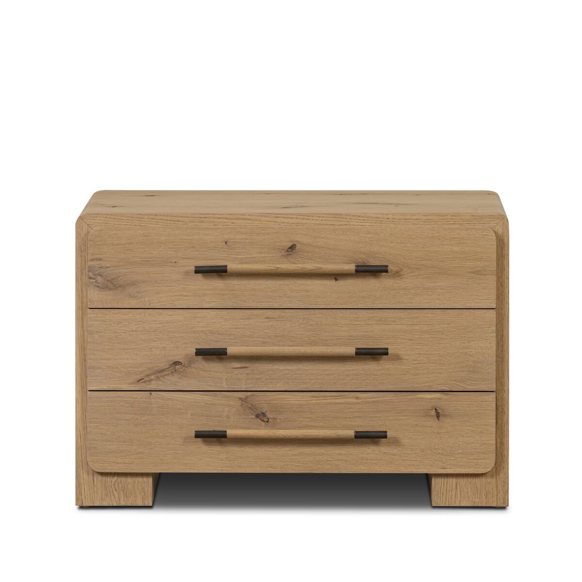 Four Hands Eden Nightstand in Aged Smoked Oak Veneer on a white background at Addison West