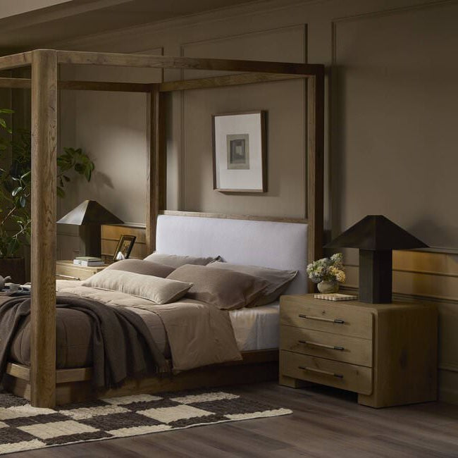 Four Hands Eden Nightstand in Aged Smoked Oak Veneer in a bedroom at Addison West