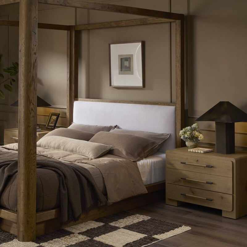 Four Hands Eden Nightstand in Aged Smoked Oak Veneer in a bedroom at Addison West