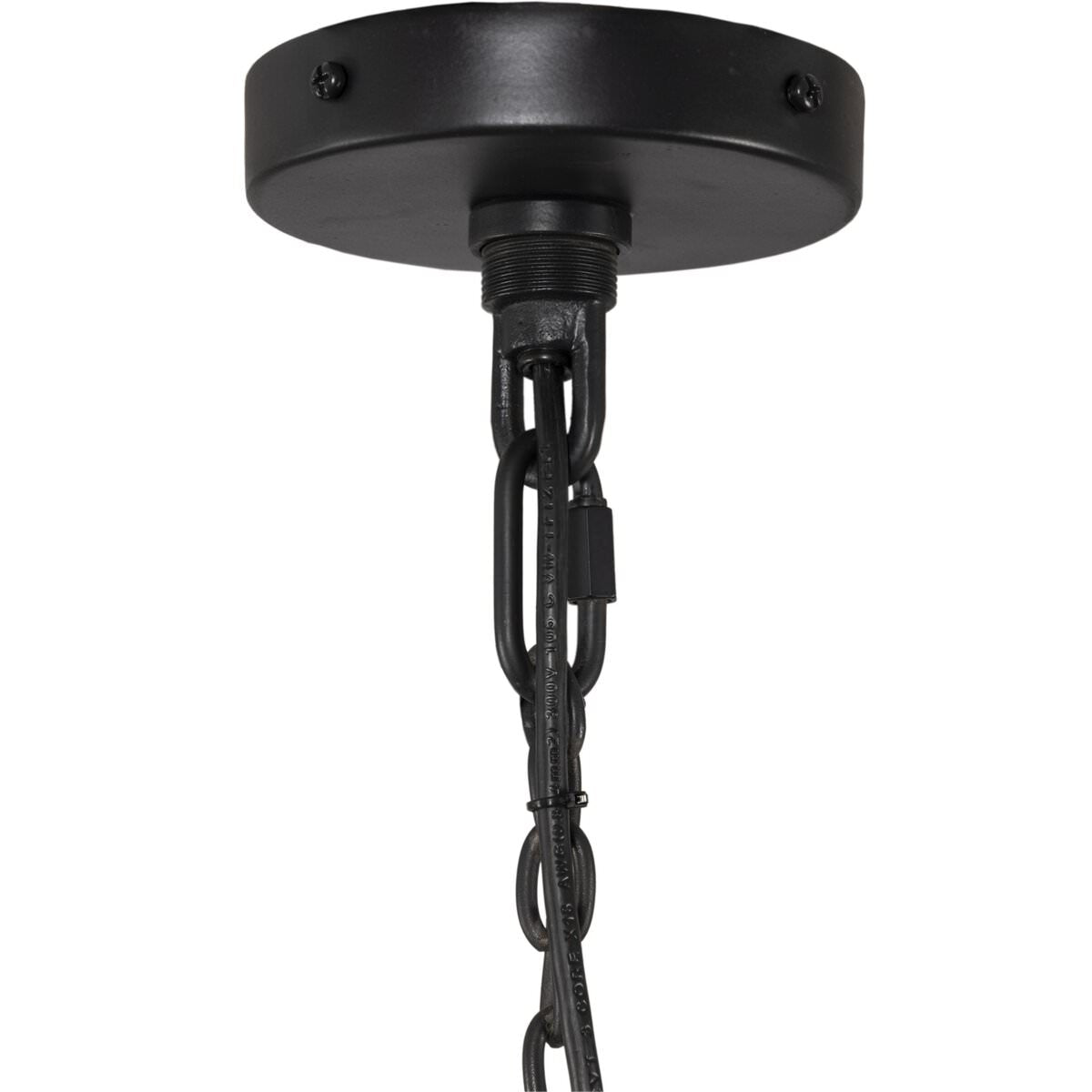 Close up of Four Hands Edlyn Chandelier in Antiqued Iron on a white background