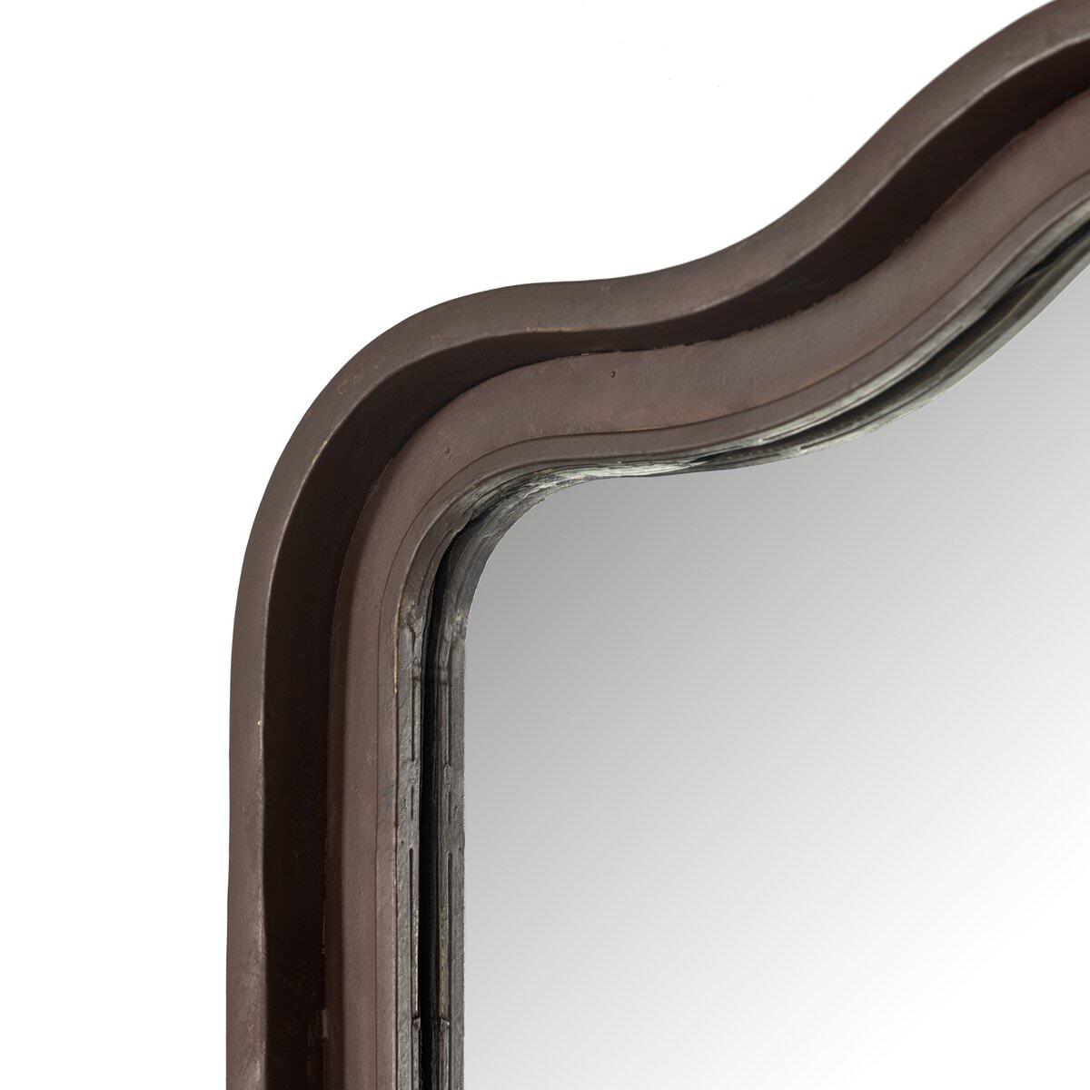 Close up of Four Hands Effie Mirror in Rustic Iron on a white background at Addison West