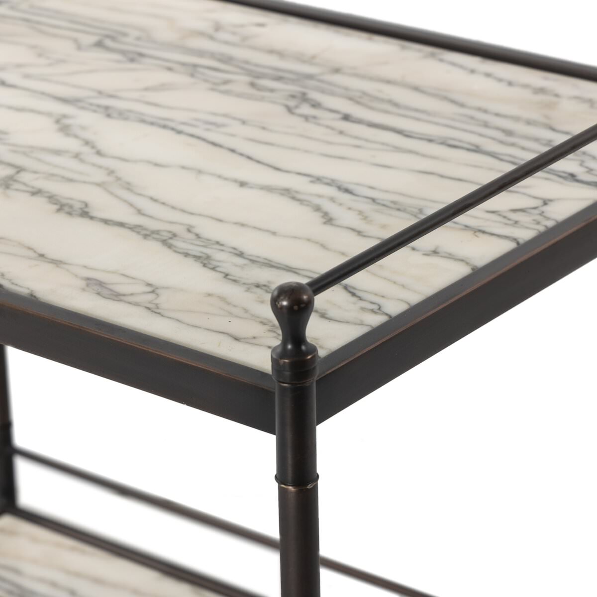 Close up of Four Hands Eisen Nightstand in Wavy White Marble on a white background at Addison West